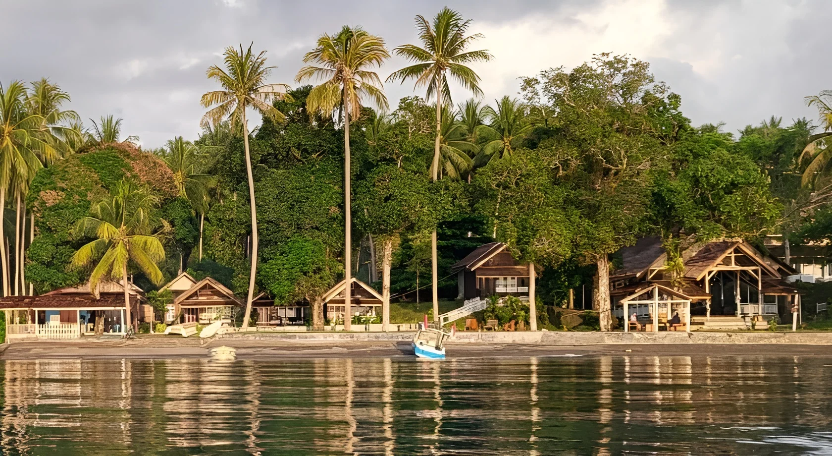 Black sand beach with village and coconut palms on eastern coast
